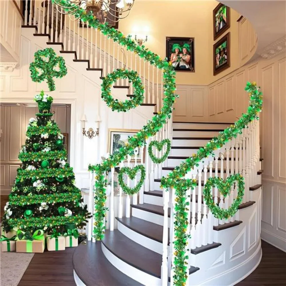 33 FT St Patricks Day Garland Decor Gold Green Shamrock Hat Tinsel Garland